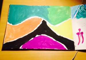 This was inspired by Mr.Maker's episode where he used play doh kind of stuff to create partitions so we get the white space in between the coloured patches. I live this one despite its obvious mishaps. Arin was very happy after this excercise and we did another one.